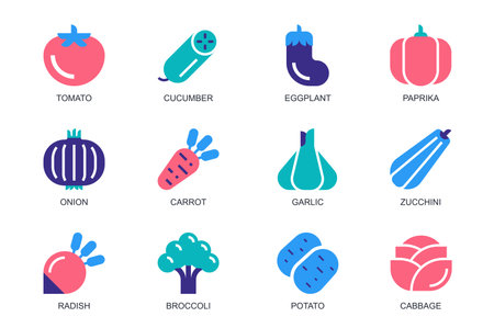 Veggies concept of web icons set in simple flat design. Pack of vegetables, tomato, cucumber, eggplant, paprika, carrot, garlic, zucchini, radish, broccoli, other. Vector pictograms for mobile appのイラスト素材