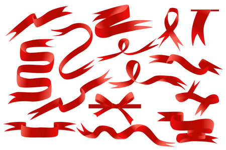 Red ribbons set in cartoon design. Bundle of different curled and swirled ribbons, glossy labels and silk tags, gift bows, blank price banners and other isolated flat elements. Vector illustrationのイラスト素材