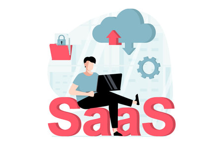 SaaS concept with people scene in flat design. Man working with files cloud exchange, data upload and download and buying software subscription. Illustration with character situation for webの写真素材