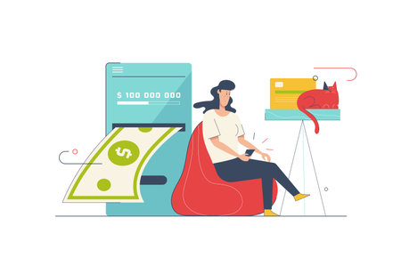 Mobile banking concept with people scene in flat cartoon design. Woman using mobile application to manage financial account and transfer money. Vector illustration with character situation for webのイラスト素材