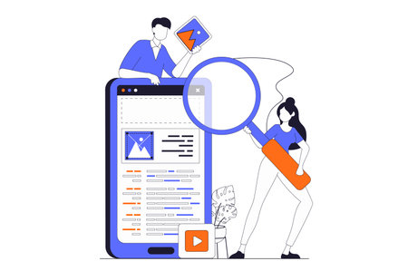 App development concept with people scene in flat outline design. Man and woman designing app...