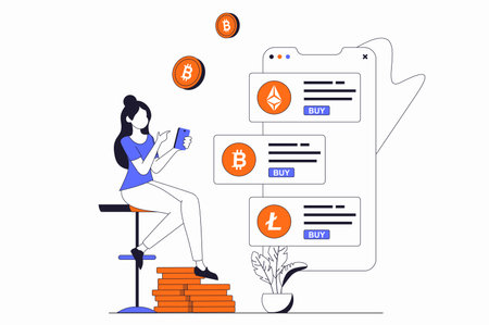 Cryptocurrency marketplace concept with people scene in flat outline design. Woman buys crypto coins on online platform using mobile phone. Vector illustration with line character situation for webのイラスト素材