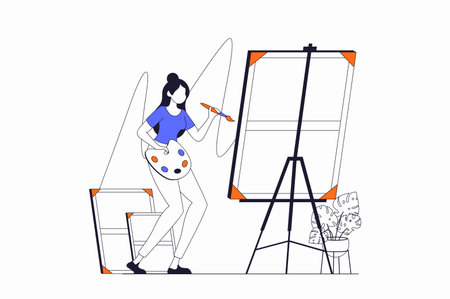 Hobby concept with people scene in flat outline design. Woman artist draws picture on easel, spends leisure time and studying in art studio. Vector illustration with line character situation for webのイラスト素材