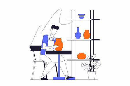 Hobby concept with people scene in flat outline design. Man in apron is engaged in pottery and creates clay vases and earthenware in studio. Vector illustration with line character situation for webのイラスト素材