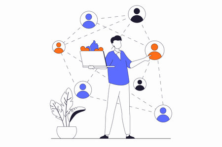 Social network concept with people scene in flat outline design. Man communicates online and interacts with connected groups on Internet. Vector illustration with line character situation for webのイラスト素材