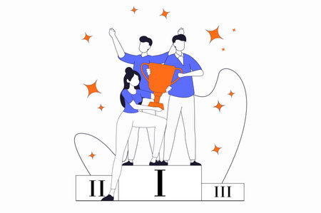 Teamwork concept with people scene in flat outline design. Woman holding golden winning cup and celebrating victory together with colleagues. Vector illustration with line character situation for webのイラスト素材