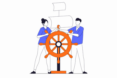 Teamwork concept with people scene in flat outline design. Man and woman hold steering wheel of ship, achieve goals and develop business. Vector illustration with line character situation for webのイラスト素材