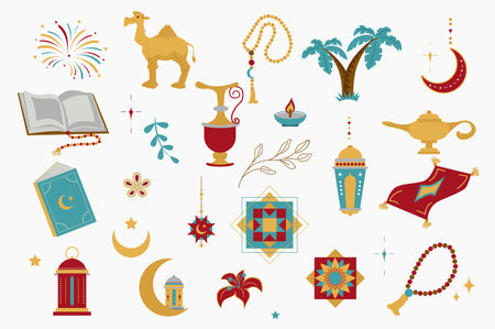 Ramadan holiday isolated elements set in flat design. Bundle of quran, camel, rosary, coffee pot, candle, palm trees, crescent moon, flower, mosque and other traditional symbols. Vector illustration.のイラスト素材