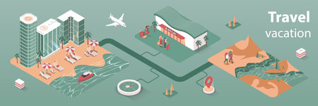 Travel vacation concept 3d isometric infographics web banner. People book plane tickets and hotel rooms, relax on beach or hiking in mountains. Vector illustration in isometry graphic designのイラスト素材