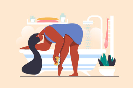 Drainage massage concept with people scene in flat design. Woman doing foot massage with dry brush, scrubbing skin and doing home body treatment. Illustration with character situation for webの写真素材