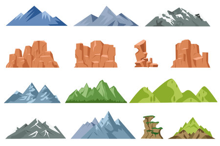 Mountains isolated graphic elements set in flat design. Bundle of different mountain peaks and rocks with ice or green plants. Rocky landscape symbols for camping and hiking. Vector illustration.のイラスト素材