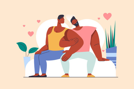 LGBT gay couple concept with people scene in flat design. Men in love hugging and sitting together. Homosexual males pair embracing and flirting. Vector illustration with character situation for webのイラスト素材