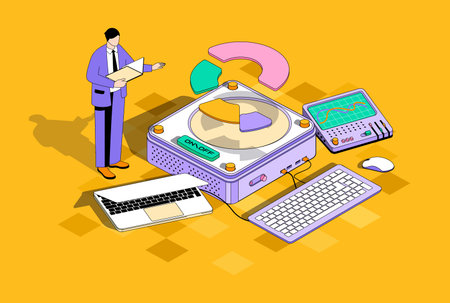 Business statistic concept in 3d isometric design. Man analyzes data and making financial report,...
