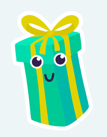 Happy gift in box with bow and cute face for birthday celebration. Vector illustration in cartoon sticker designのイラスト素材