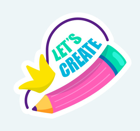Let create quote text with pink pencil and yellow crown. Vector illustration in cartoon sticker designのイラスト素材
