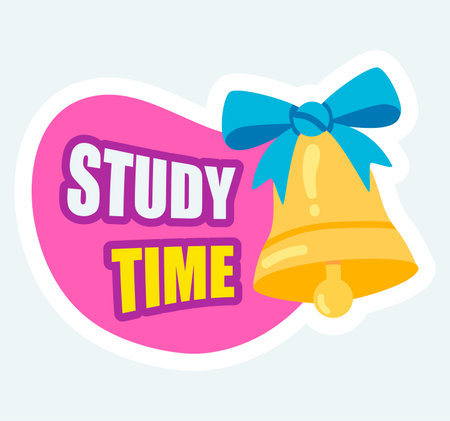Study time text with school first bell. Science and education. Vector illustration in cartoon sticker designのイラスト素材