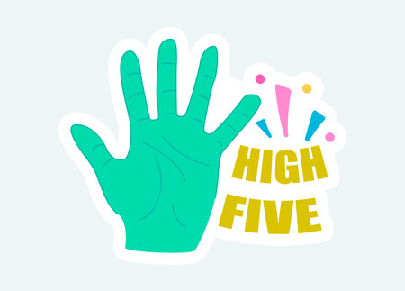 High five text and hand with open palm and spread fingers. Vector illustration in cartoon sticker...