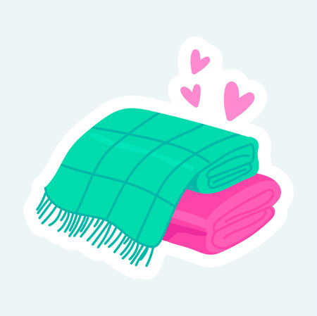 Warm woolen blankets or lovely plaids. Cozy home elements. Vector illustration in cartoon sticker designのイラスト素材