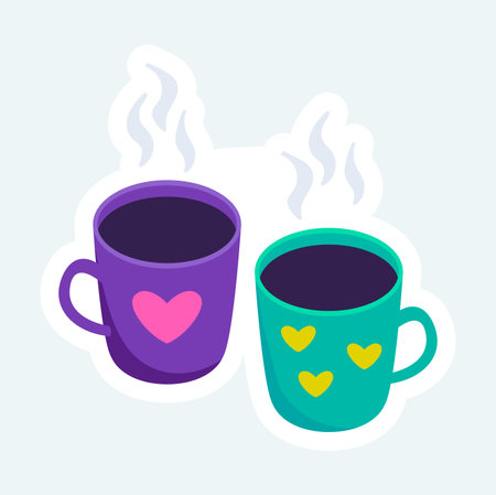 Two cute cups with steaming hot tea or coffee. Cozy home elements. Vector illustration in cartoon sticker designのイラスト素材