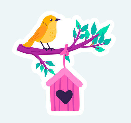 Bird sits on tree branch by wooden birdhouse. Spring nature season. Vector illustration in cartoon sticker designのイラスト素材