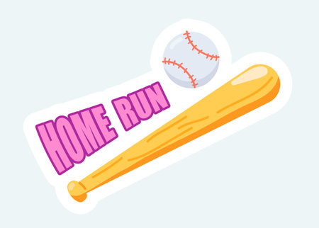 Baseball bat and ball with Home run text. Sports and competition. Vector illustration in cartoon sticker designのイラスト素材