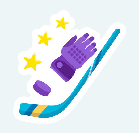 Hockey glove, stick and puck. Winter sports and seasonal activities. Vector illustration in cartoon sticker designのイラスト素材