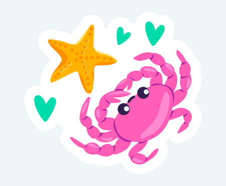 Pink crab with cute smiling face and starfish. Summer vacation. Vector illustration in cartoon sticker designのイラスト素材