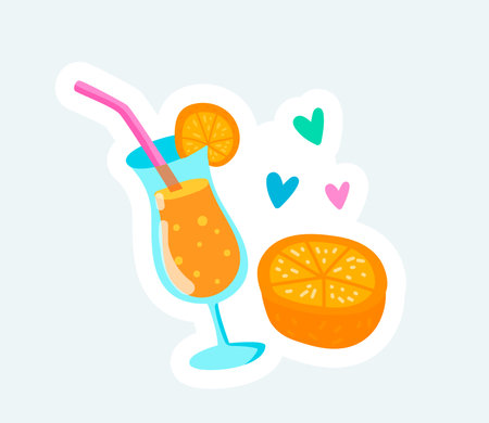 Orange cocktail and piece of fresh fruit. Summer vacation. Vector illustration in cartoon sticker designのイラスト素材
