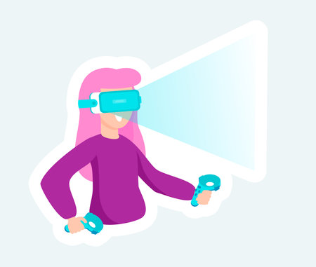 Woman in VR headset with controllers in metaverse virtual reality. Vector illustration in cartoon sticker designのイラスト素材
