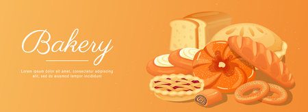 Bakery horizontal web banner. Fresh bread, cherry pie, cakes, long loaf, rolls, bagels, other pastry and wheat flour products. Vector illustration for header website, cover templates in modern designのイラスト素材