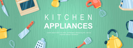 Kitchen appliances horizontal web banner. Knife, oven, mixer, cezve, saucepan, grater, whisk, spatula, toaster and utensils. Vector illustration for header website, cover templates in modern designのイラスト素材