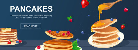 Pancakes horizontal web banner. Sweet pancakes with honey or syrup, bananas and berries for breakfast or delicious cafe menu. Vector illustration for header website, cover templates in modern designのイラスト素材