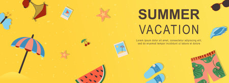 Summer vacation horizontal web banner. Swimsuit, umbrella, watermelon, photo, flip flops, shorts, sunglasses, travel to resort. Vector illustration for header website, cover templates in modern designのイラスト素材