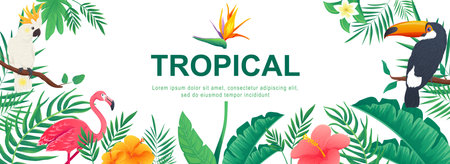 Tropical horizontal web banner. Jungle plants, leaves of palm tree, monstera, banana, flowers, toucan, flamingo and parrot. Vector illustration for header website, cover templates in modern designのイラスト素材