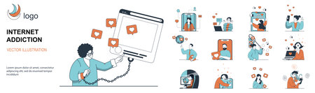 Internet addiction concept with character situations collection. Bundle of scenes people chained to gadgets, excessive internet surfing, bad habit and problems. Vector illustrations in flat web designのイラスト素材