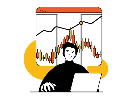 Cryptocurrency marketplace concept with character situation. Man analyzes financial statistics, works with candlestick chart and trends. Vector illustrations with people scene in flat design for webのイラスト素材