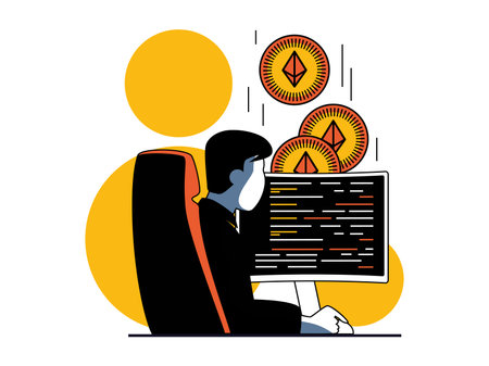 Cryptocurrency marketplace concept with character situation. Man monitors crypto exchange, analyzes financial data and profit statistics. Vector illustrations with people scene in flat design for webのイラスト素材