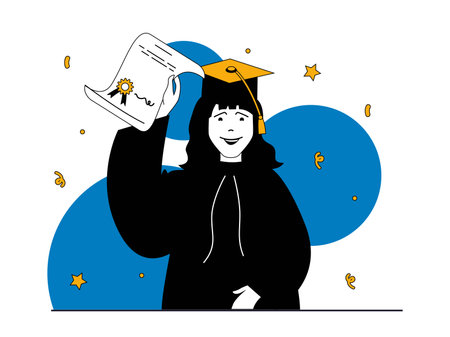 Education concept with character situation. Happy student in graduation gown and cap receiving diploma certificate at festive ceremony. Vector illustrations with people scene in flat design for webのイラスト素材