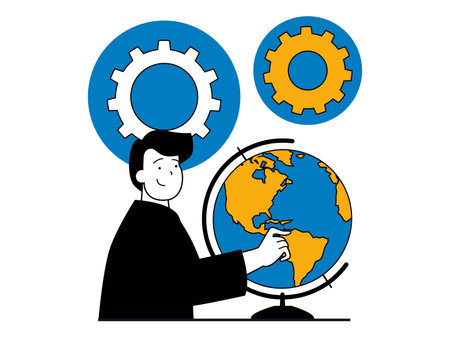 Education concept with character situation. Teacher points to globe and explains new material at geography lesson in class at school. Vector illustrations with people scene in flat design for webのイラスト素材