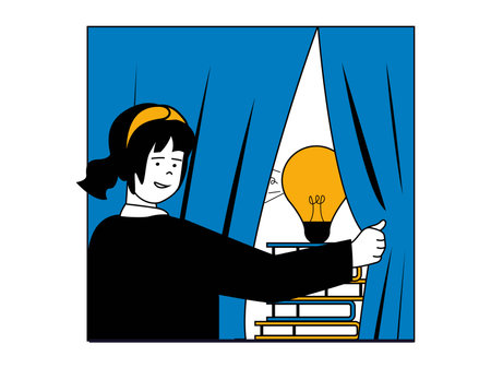 Education concept with character situation. Woman student reads books in library and gains new knowledge and ideas, improves her skills. Vector illustrations with people scene in flat design for webのイラスト素材