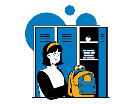 Education concept with character situation. Student with backpack stands at locker in hallway and takes books for next lesson in college. Vector illustrations with people scene in flat design for webのイラスト素材