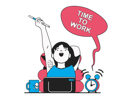 Freelance concept with character situation. Happy woman designer freelancer with pencil getting ready to start work on laptop by clock. Vector illustration with people scene in flat design for webのイラスト素材