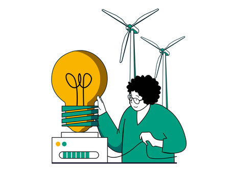 Green energy concept with character situation. Woman uses alternative energy sources and eco friendly technology of wind turbines station. Vector illustration with people scene in flat design for webのイラスト素材