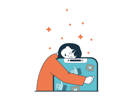 Internet addiction concept with character situation. Sad woman hugging her smartphone and obsessing over networking and audience attention. Vector illustration with people scene in flat design for webのイラスト素材