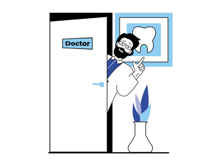 Medical concept with character situation. Dentist standing at door of office and waiting for patients. Doctor working in dental clinic. Vector illustration with people scene in flat design for webのイラスト素材