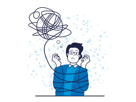 Mental health concept with character situation. Sad man with confused thoughts tied with rope of negative thinking and emotion problem. Vector illustration with people scene in flat design for webのイラスト素材