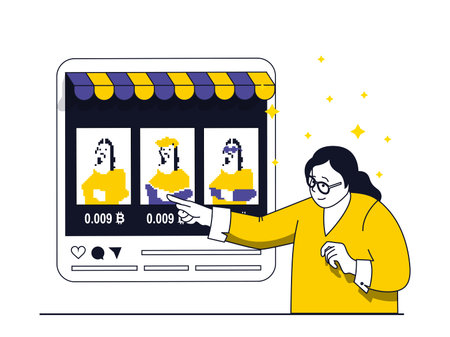 NFT token concept with character situation. Woman chooses and investing in digital artworks with non fungible token on virtual marketplace. Vector illustration with people scene in flat design for webのイラスト素材