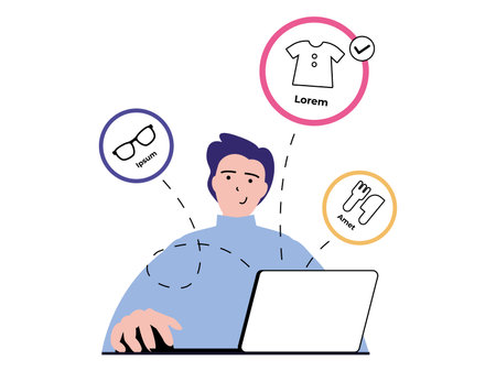 Shopping concept with character situation. Man chooses goods and makes purchases in online store, orders delivery and pays from laptop. Vector illustration with people scene in flat design for webのイラスト素材