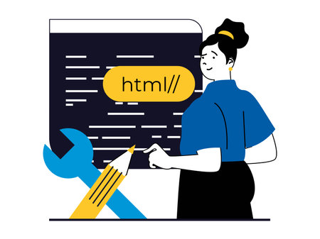 Web development concept with character situation. Woman creates layout interface and doing html code, building sites and making project. Vector illustration with people scene in flat design for webのイラスト素材