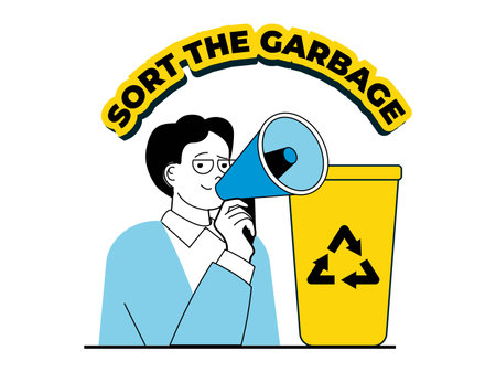 Zero waste concept with character situation. Activist with megaphone calls for sorting garbage, separating and sending it for recycling. Vector illustration with people scene in flat design for webのイラスト素材